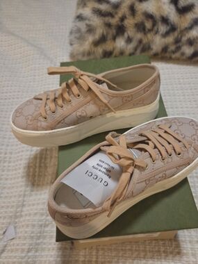 Gucci Beige GG Canvas Platform Sneakers with Cream Sole